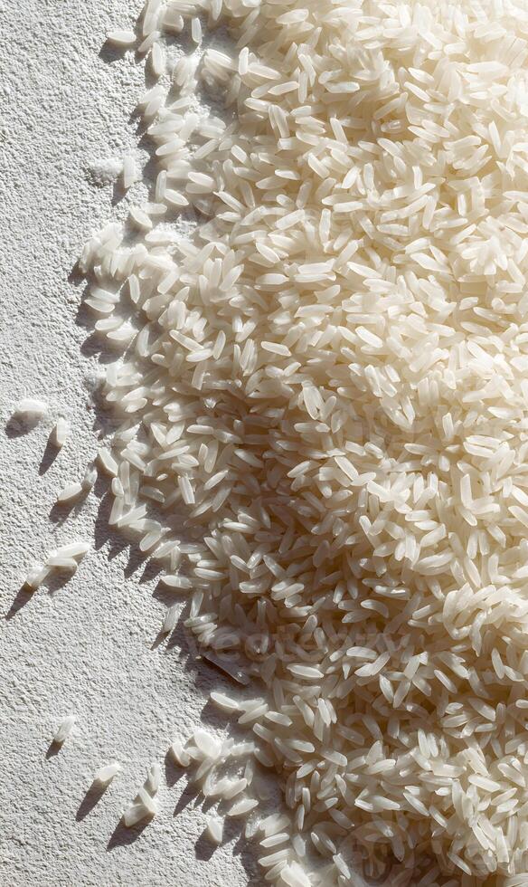 Overhead view of grains of rice scattered on a textured surface creating an abstract pattern in sunlight photo