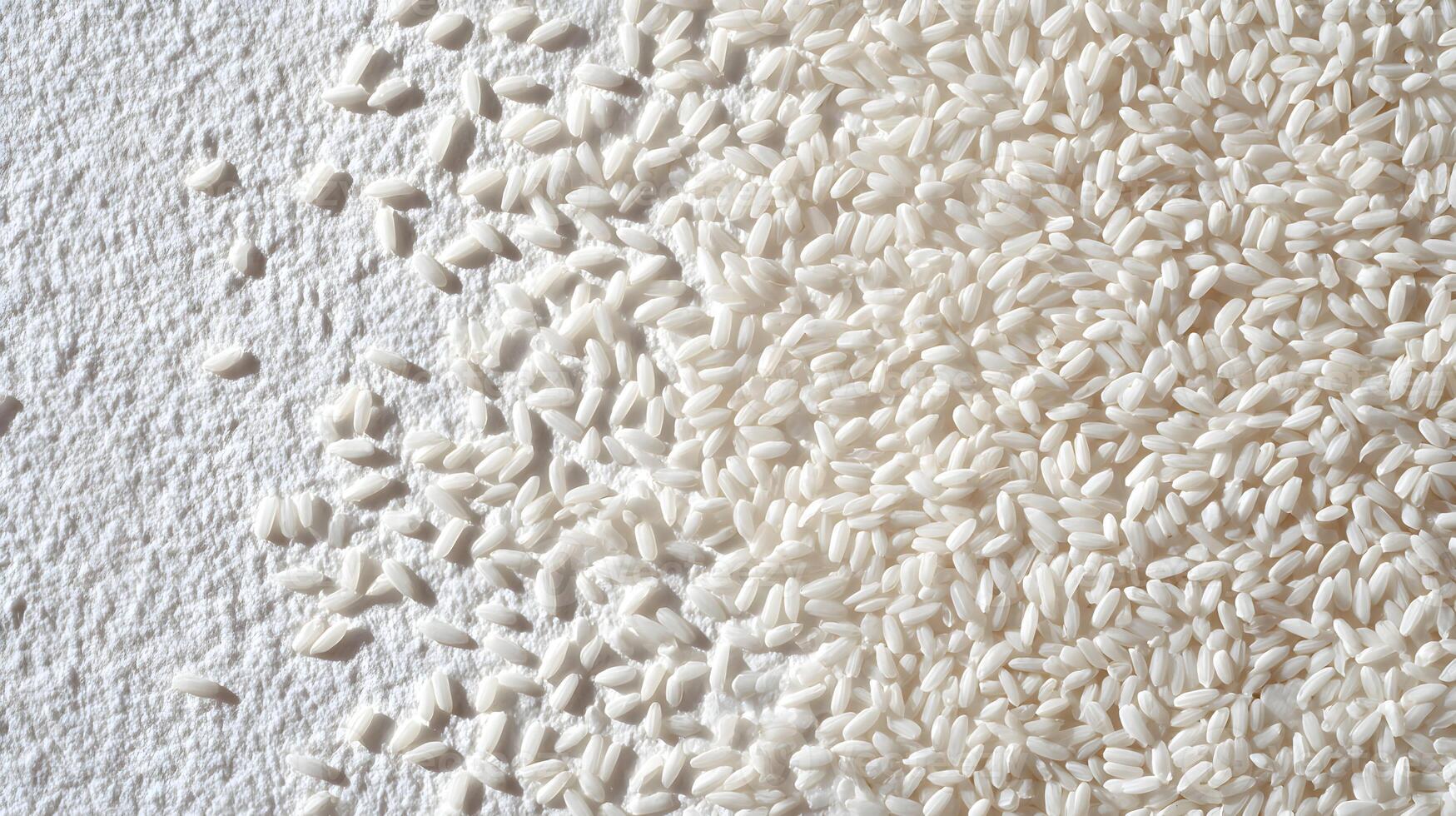 Heap of raw white rice grains on textured white background under bright sunlight creating shadows and contrast photo