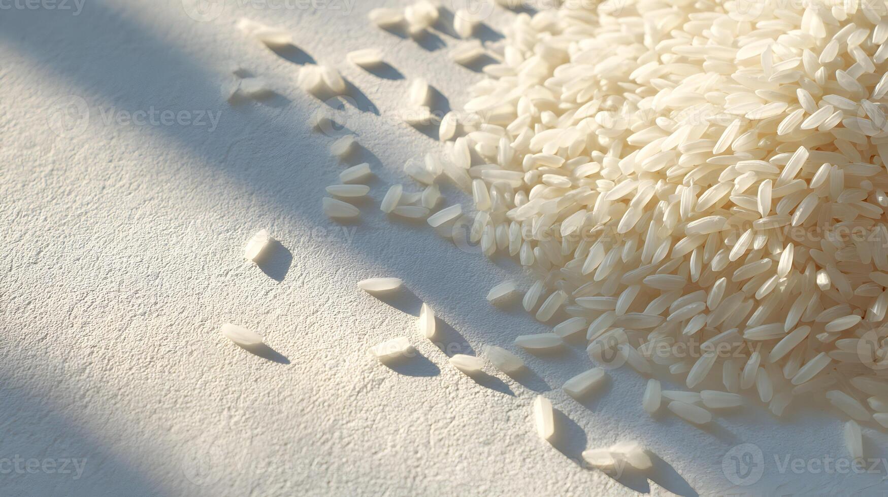 Sunlit grains of uncooked white rice create a minimalist and textural food photography scene on white surface photo