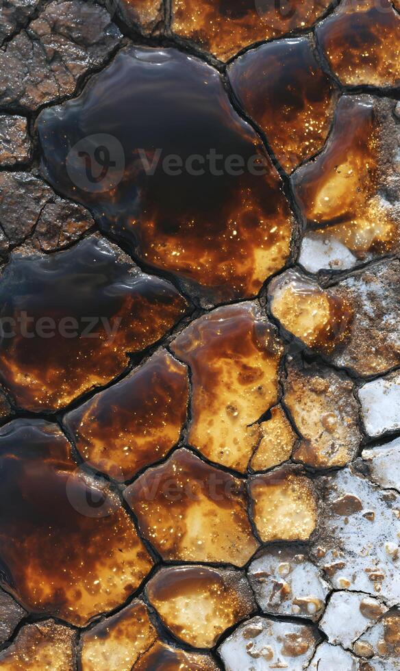 Stone pavement detail with shiny brown fluid creating an intriguing and textured visual experience photo