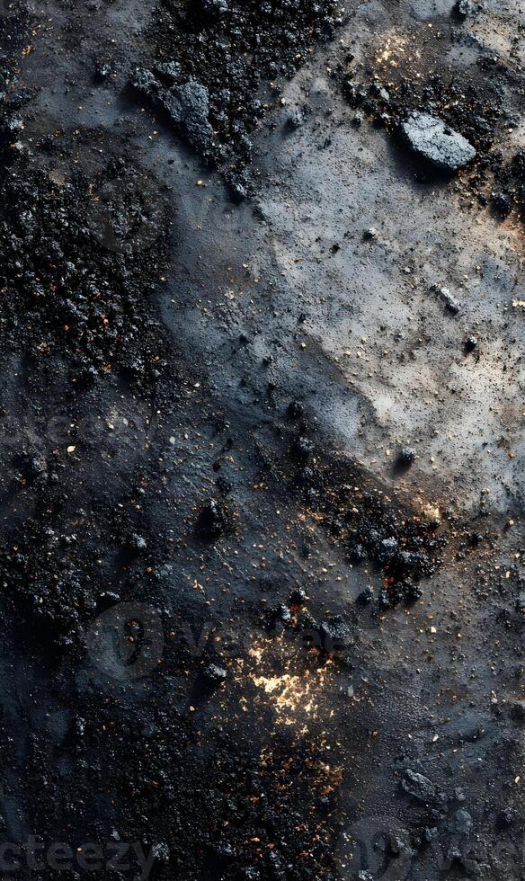 Abstract texture showcases blackened earth and remnants of a fire pit area capturing desolation and aftermath photo