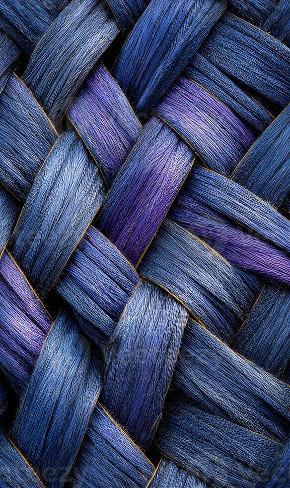 Intricate weaving of vibrant blue and purple fibers creating a captivating textured abstract pattern close up photo