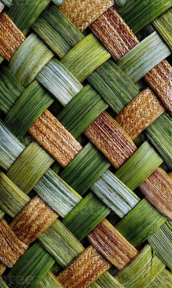Detailed weaving pattern of green and brown strips creating a textured surface background design full frame photo