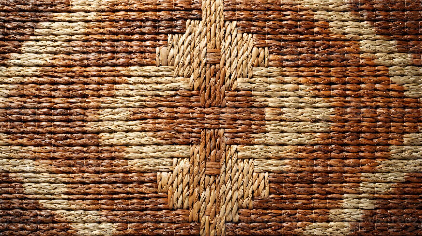 Close up of a detailed wicker woven mat showing textures and patterns in brown and beige color tones photo