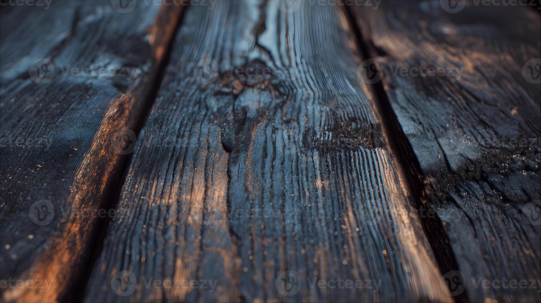 Distressed wood texture presenting a captivating blend of deep blacks and subtle golden hues photo
