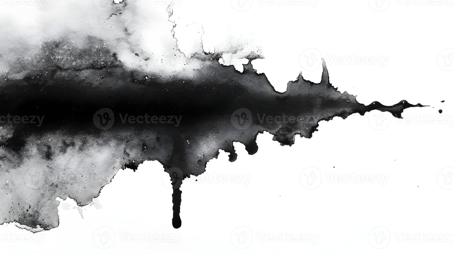 Black watercolor stain with drips and splatters on white background showcasing artistic expression texture photo