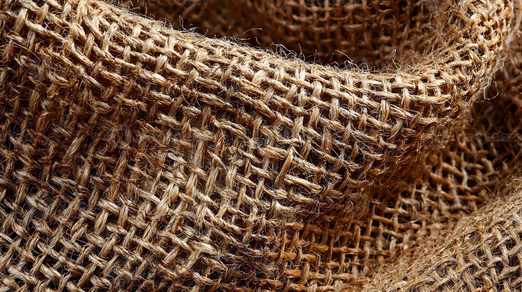 Close up detail of a burlap sack displaying the texture of the woven fibers material pattern photo