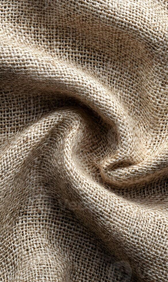 Detailed close up capturing the intricate weave and natural texture of a rustic burlap fabric material photo