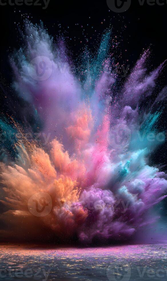Vibrant explosion of colorful powder paints creating a mesmerizing cloud against a dark background effect show photo