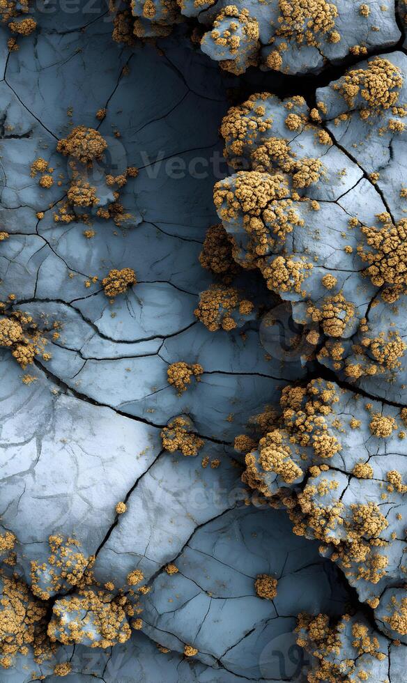 Intricate network of cracks traversing a textured surface with golden clusters creating a unique visual landscape photo