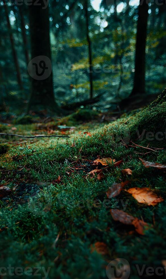 Exploring the enchanting depths of a vibrant green forest rich with moss and fallen leaves during autumn ambiance photo