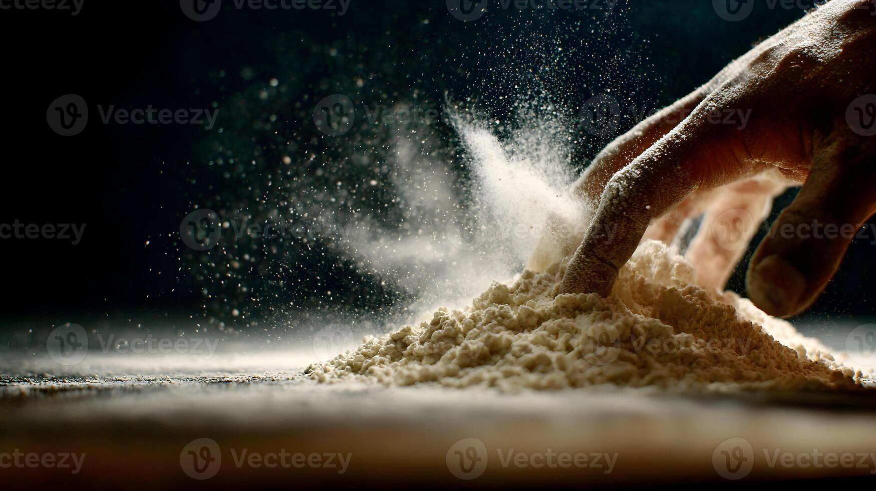 The baker's hand gracefully dives into the mound of flour creating a mystical cloud around it photo