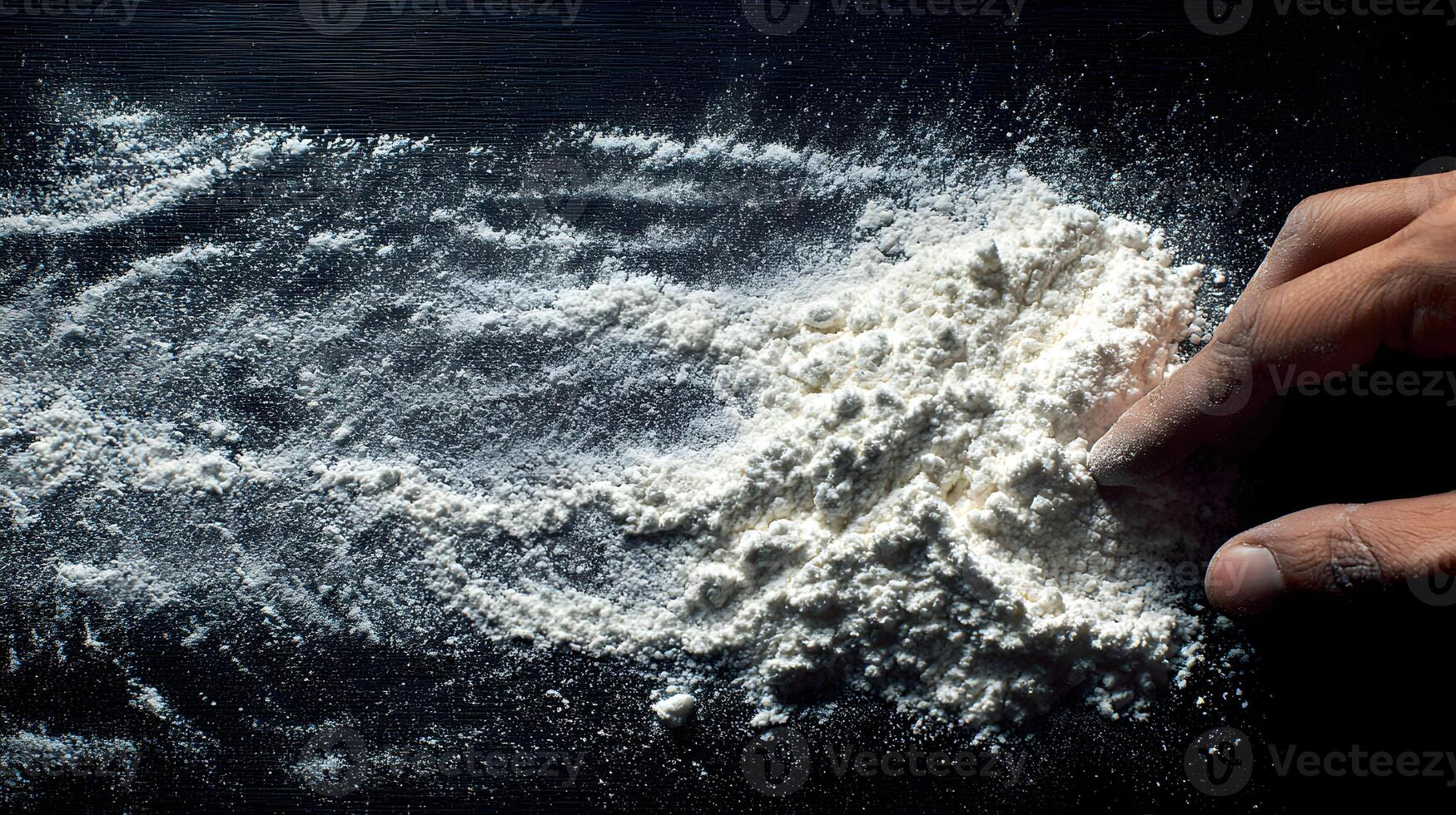 Delicate touch upon soft powder creating artistic swirls on dark surface in dimly lit environment photo