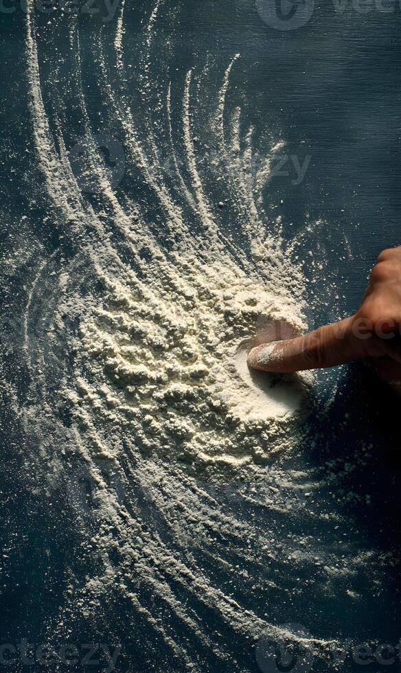 Finger traces playful patterns in flour dust creating whimsical and airy designs against a dark surface photo