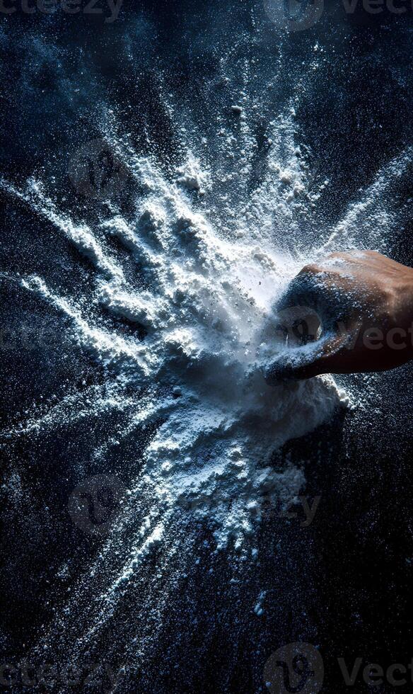 Dramatic Flour Explosion Capturing Dynamic Movement and Powder Particles Suspended in Air Creating a Stunning Visual Effect photo