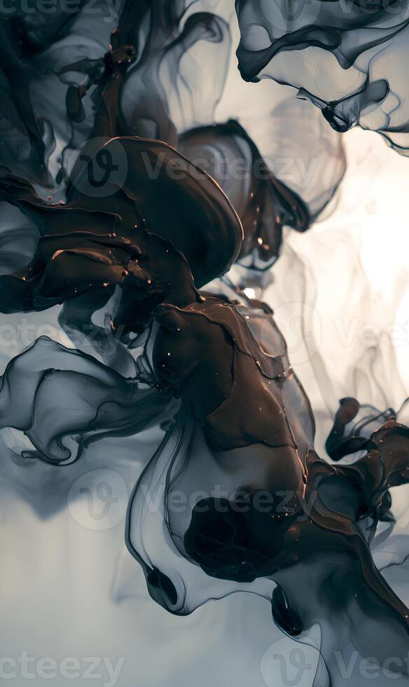 Abstract fluid art featuring a dark and ethereal cloud of ink swirling in a bright luminous water column photo