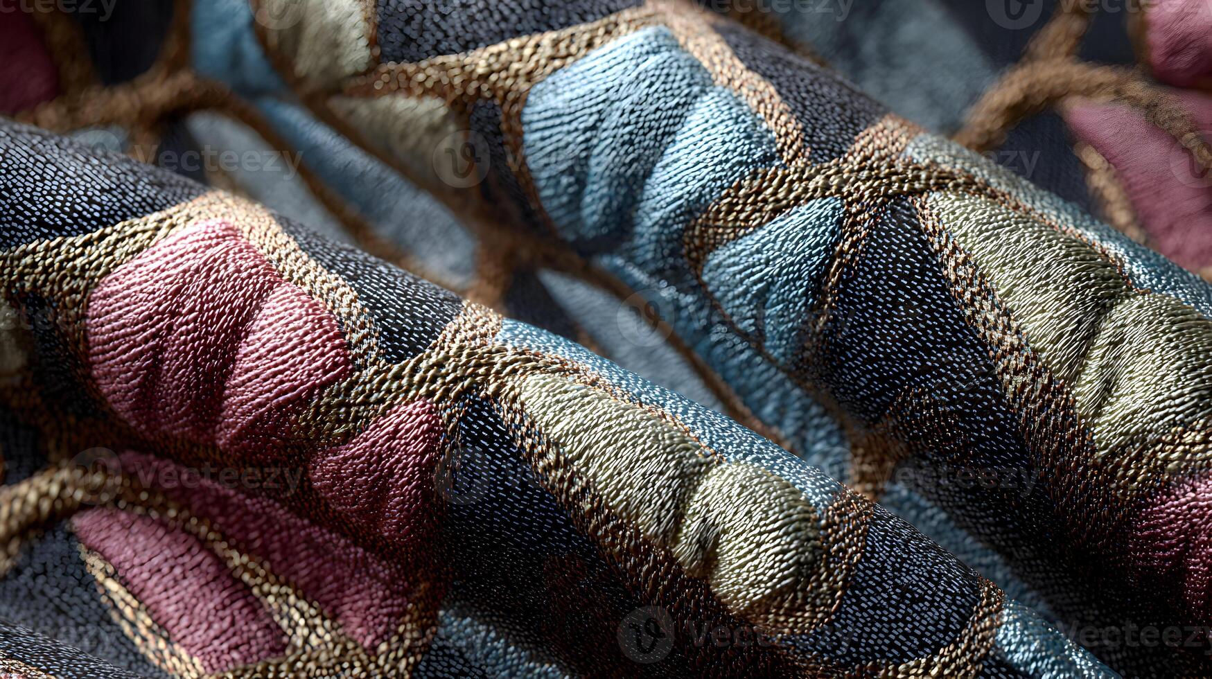 Detailed embroidery captures light and shadow revealing unique patterns and textures in fabric art photo