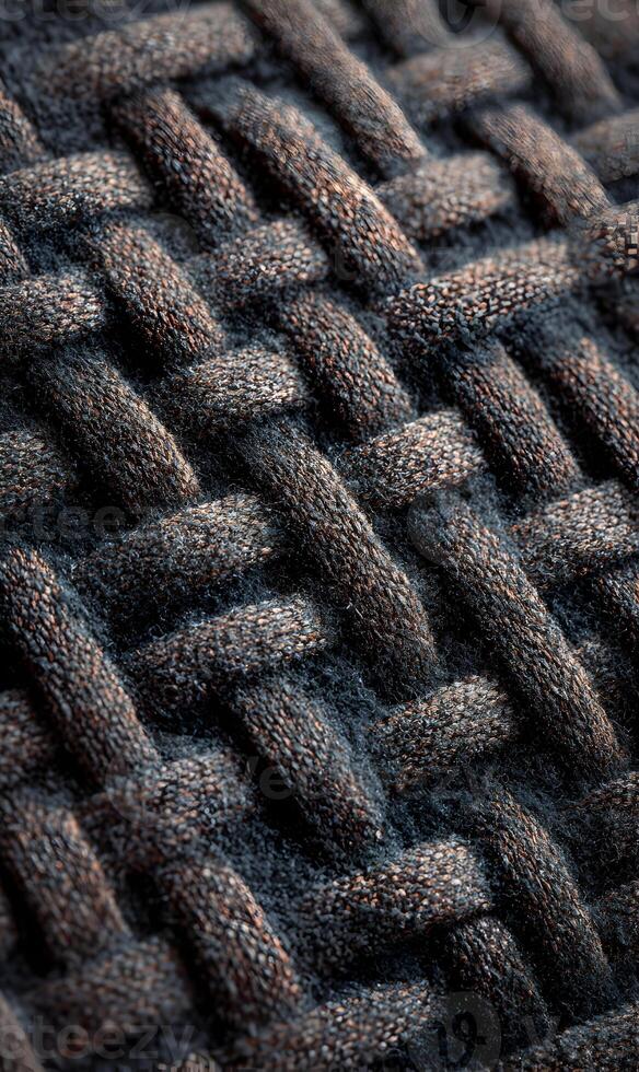 Intricate woven texture showing close up detail of a dark wicker or fabric background design pattern photo