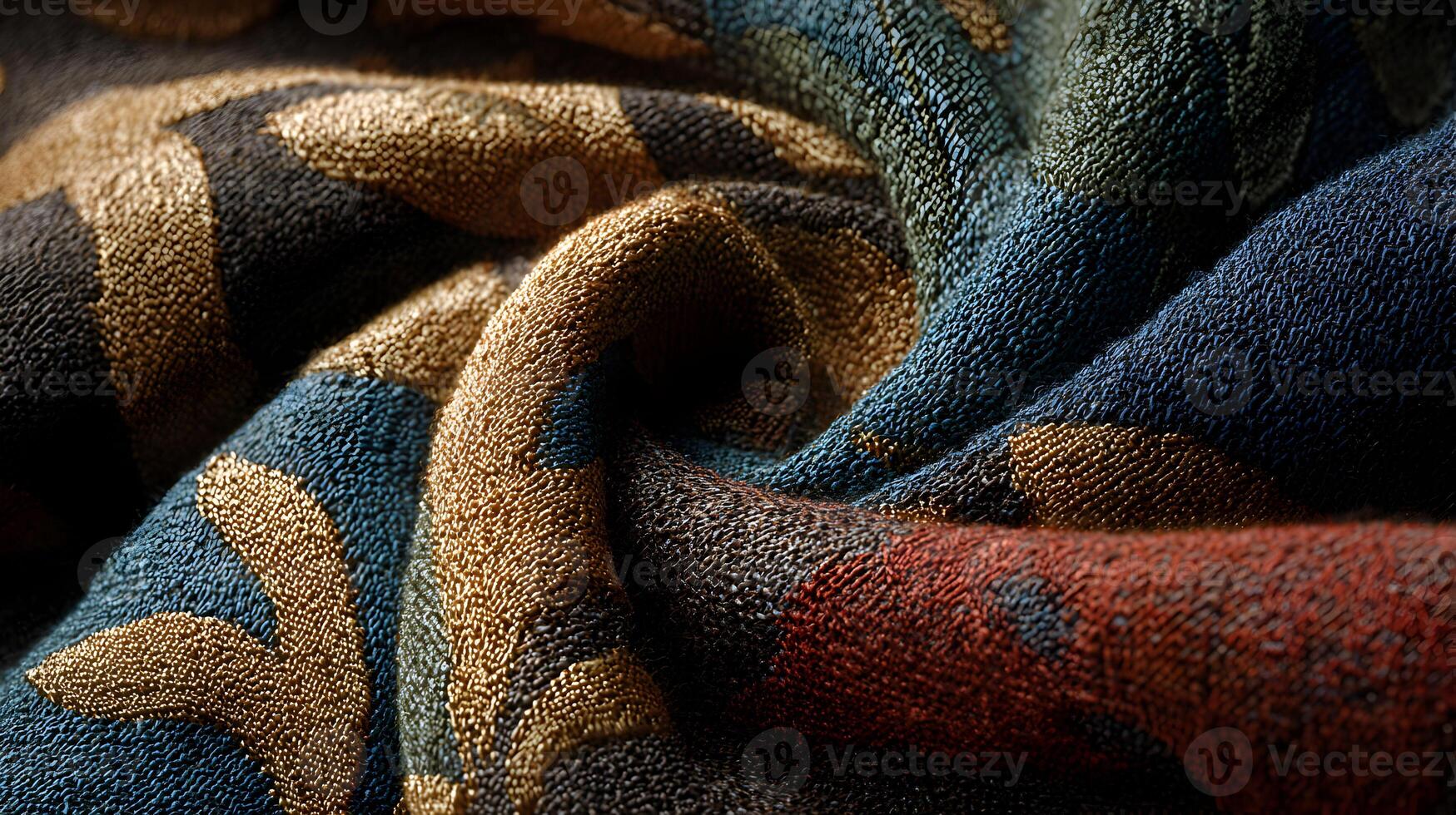Detailed close up of a luxurious fabric displaying intricate textures and vibrant colors that blend harmoniously photo