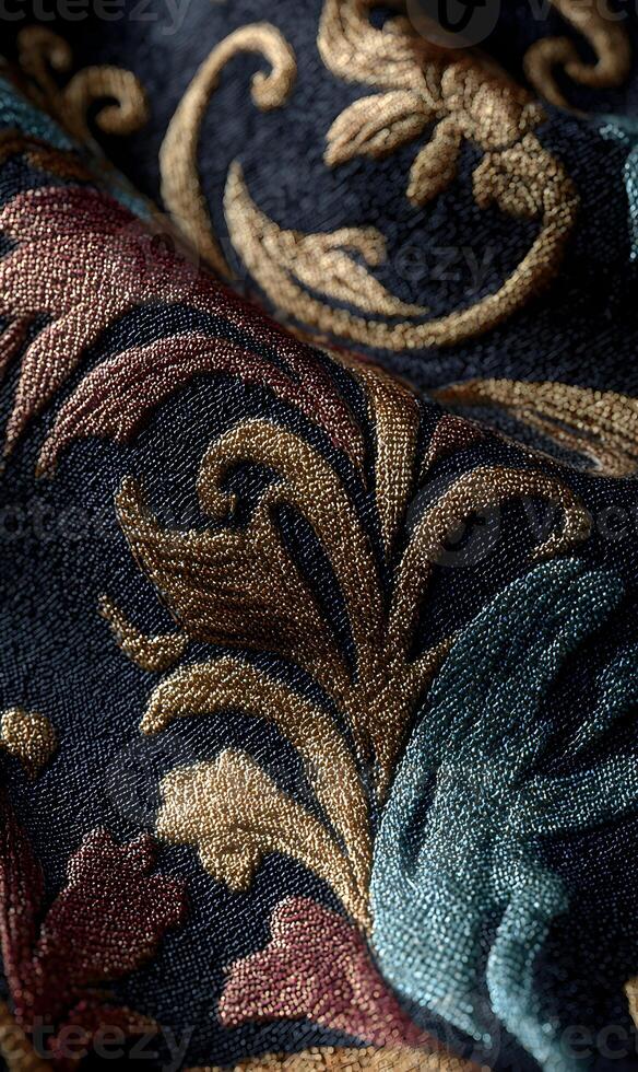 Elegant brocade texture detail with golden floral patterns creating a sophisticated background and aesthetic appeal photo