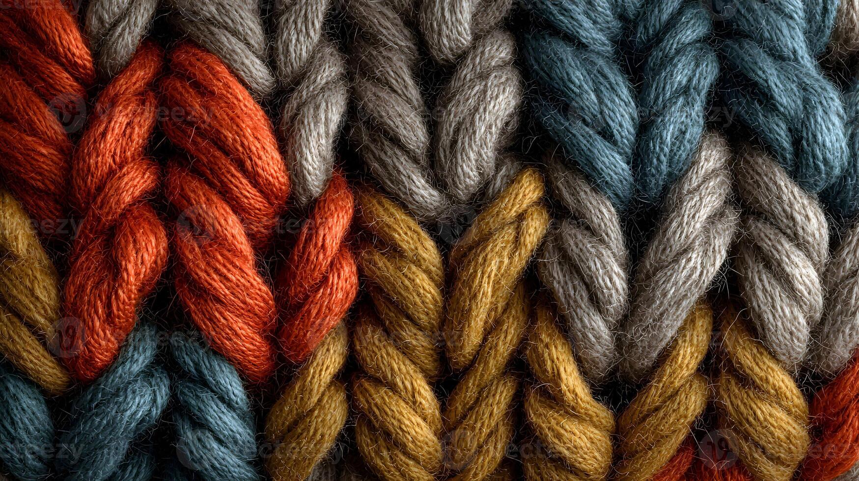 Detailed macro of colorful knitted wool fabric creating an inviting warm and cozy texture photo
