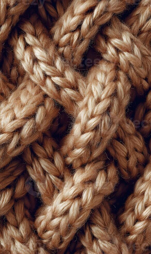 Close up of a cozy knitted fabric showing texture pattern design and detail in a warm neutral color for a tactile feel photo