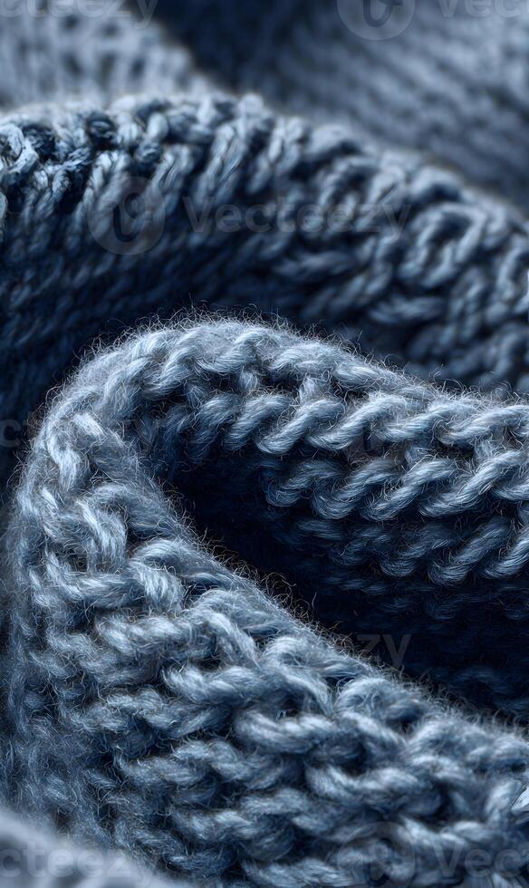 Close up of cozy knitted fabric in shades of blue creating a soft and inviting texture background material photo