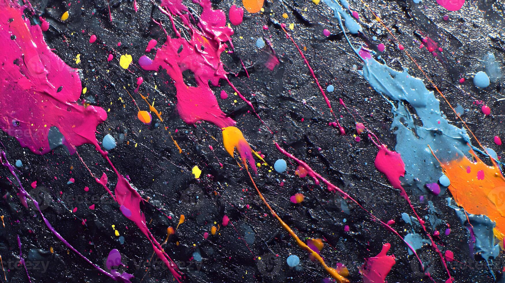 Abstract expressionism captures the energy of vibrant colors and chaotic movement on black canvas photo