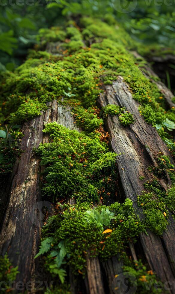 Lush moss covered log in a serene forest setting showcasing nature's intricate beauty and tranquil atmosphere in the wilderness photo