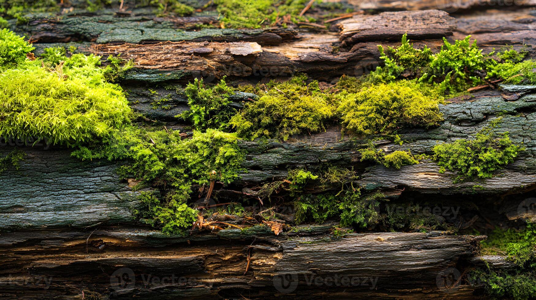 Intimate view of vibrant green moss clinging to the weathered surface of decaying wood in nature photo