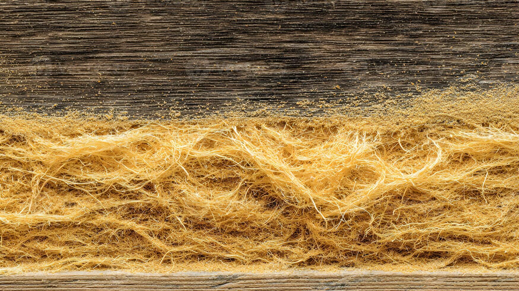 Golden fiber strands on rustic wood texture create an abstract textural and organic backdrop photo