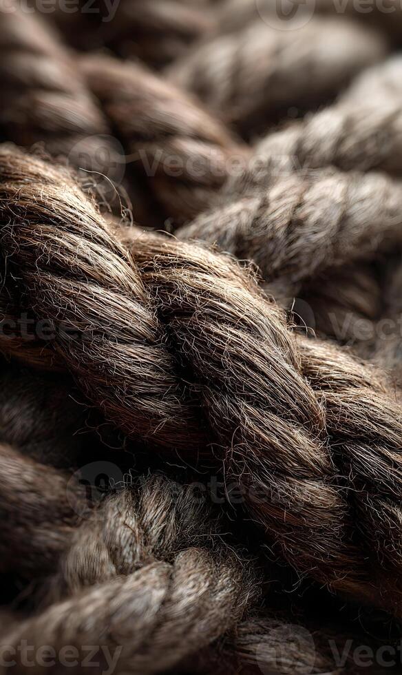 Detailed macro of interwoven strands crafting a sturdy aged rope suggesting strength resilience and texture depth photo