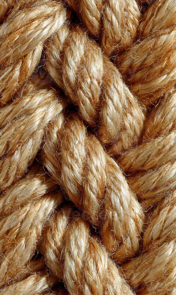 Detailed macro photograph reveals the intricate textures of intertwined natural fiber rope creating a robust and organic pattern photo