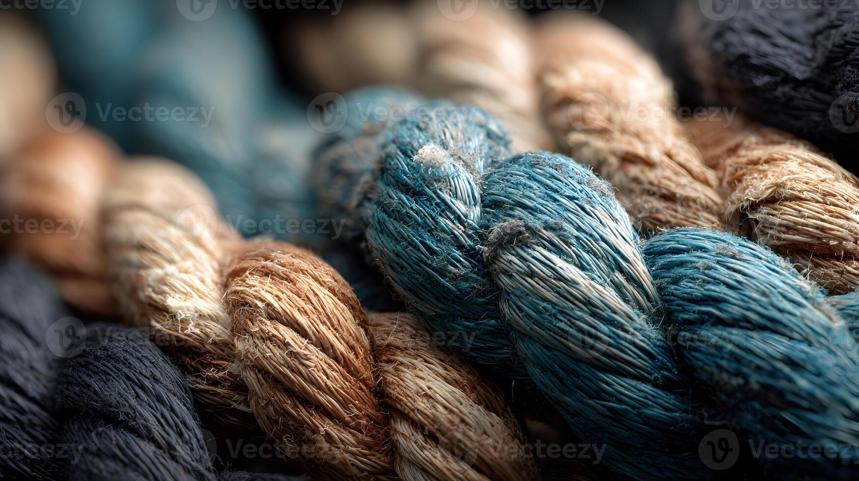 Close up image showing the texture and detail of twisted strands of colorful yarn material photo