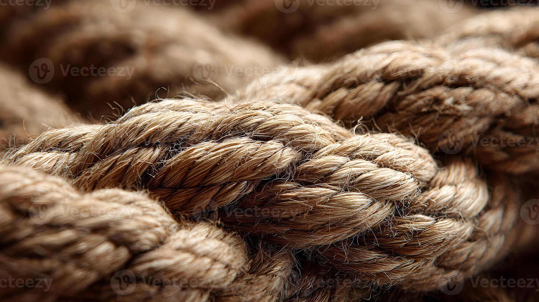 Detailed macro shot of a thick, sturdy brown rope showing its intricate twisted fibers texture close up photo