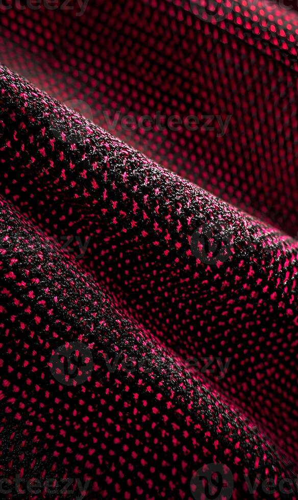 Crimson Elegance Woven Textile A Dynamic Macro View of Deep Red and Black Fabric Texture photo