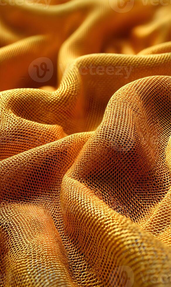 Warm golden fabric ripples and folds creating a textured surface with light and shadow interplay textile art photo