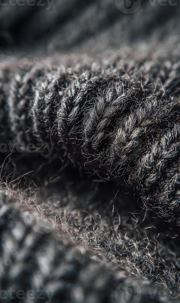 Intricate texture of a cozy woolen knit creating warmth and depth in a monochromatic grey palette photo