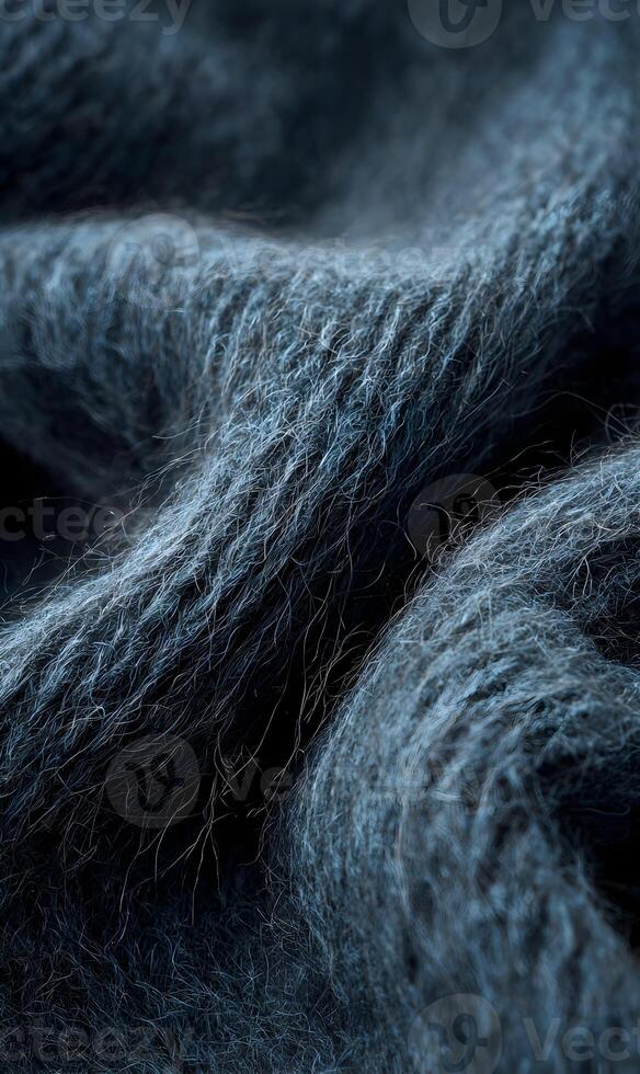 Close up of a navy blue knitted woolen fabric texture with soft, fluffy fibers, a warm and cozy feel for winter fashion and design projects photo