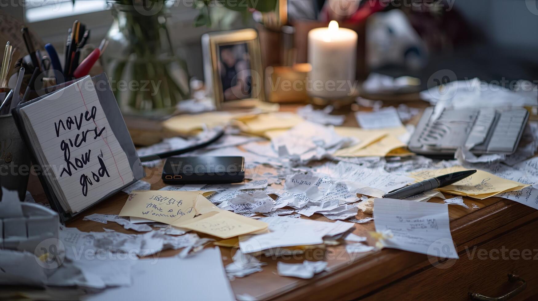 Cluttered Desk with Papers and Note - Office Chaos Concept photo
