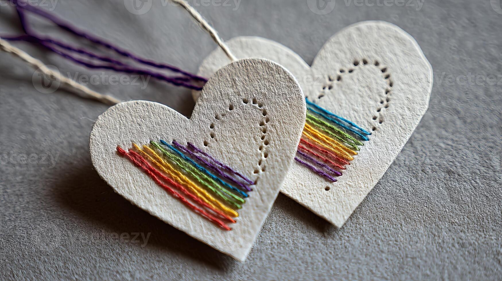 Handcrafted Wooden Hearts with Rainbow String Decoration photo
