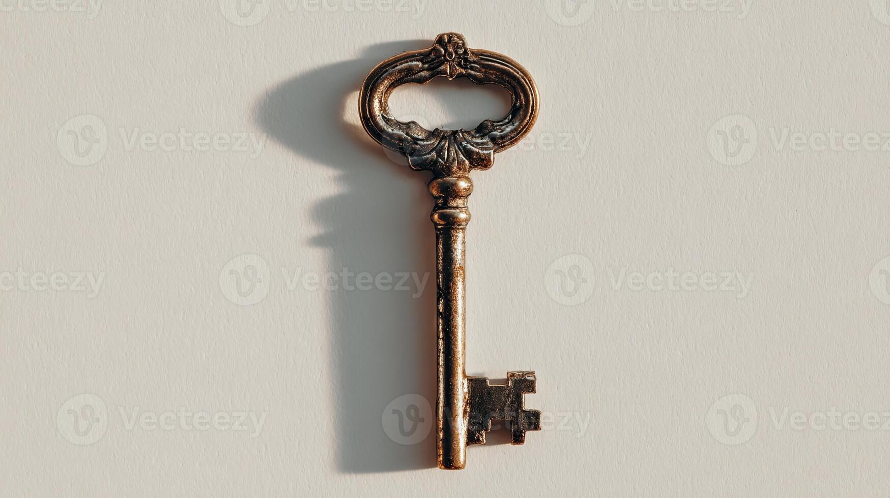 Minimalistic Key Hanging on White Wall - Stock Photo