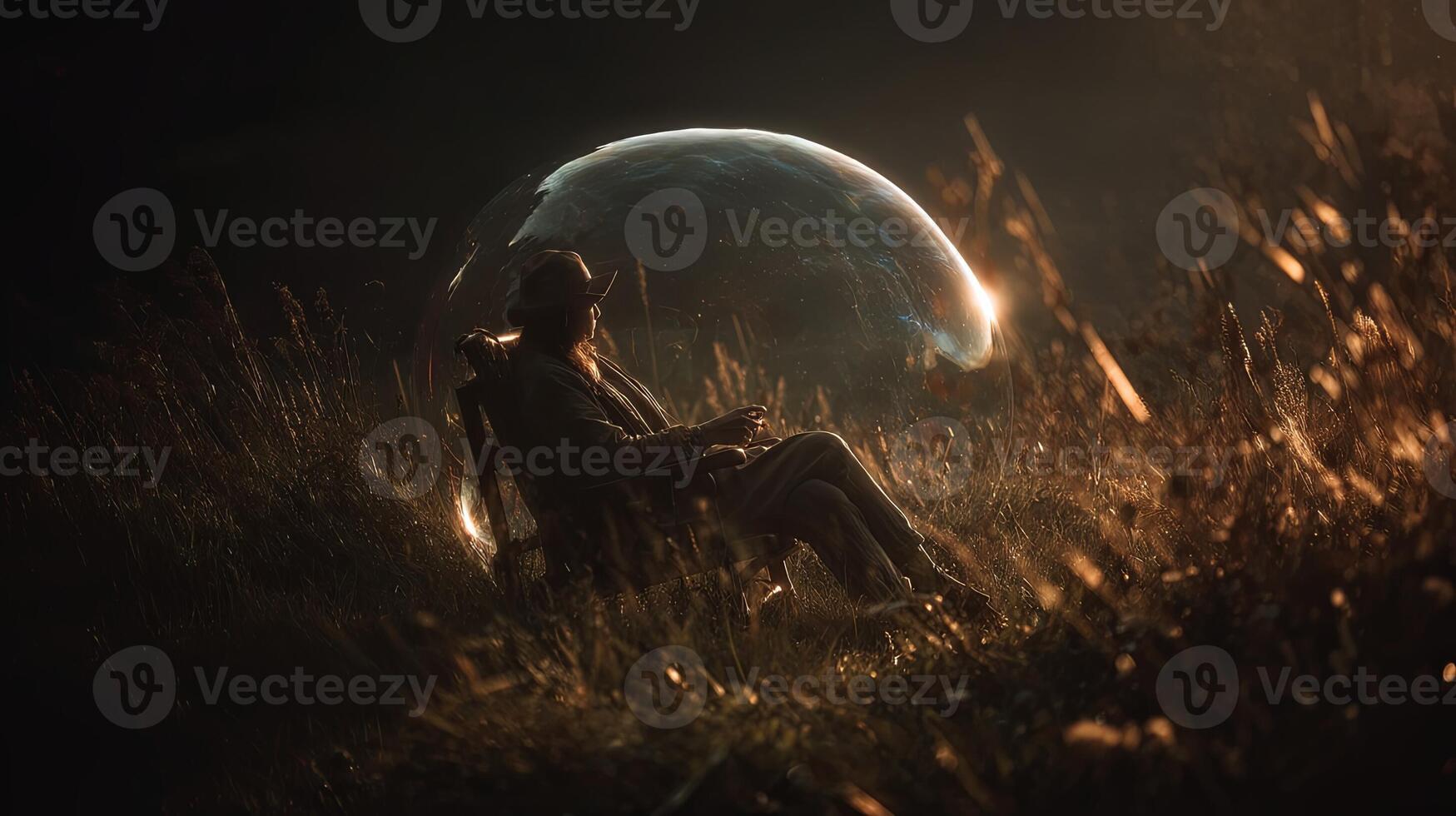 Serene man sitting in a field with glass ball photo