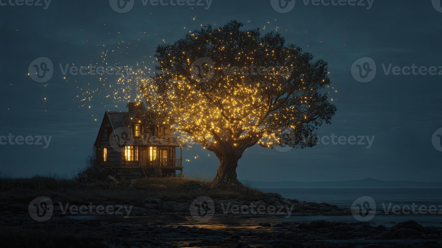 Enchanting Tree with Glowing Fireflies at Night photo