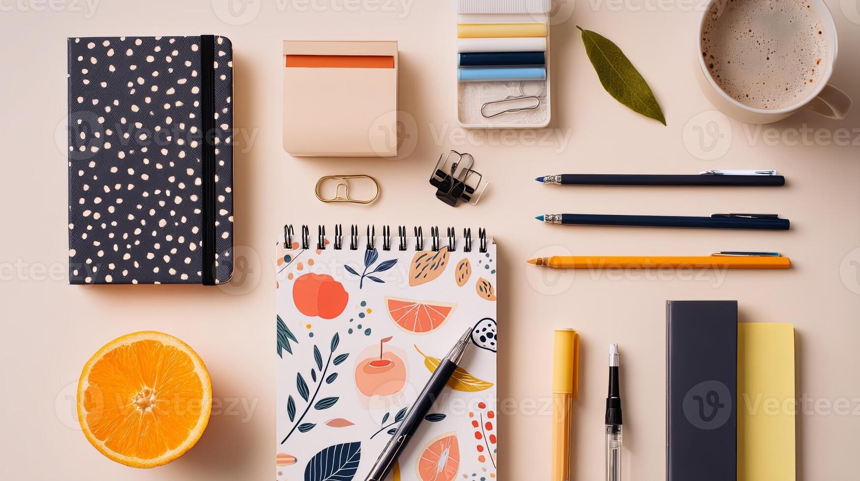 Minimalist Desk Setup with Notebook, Pen, and Oranges photo