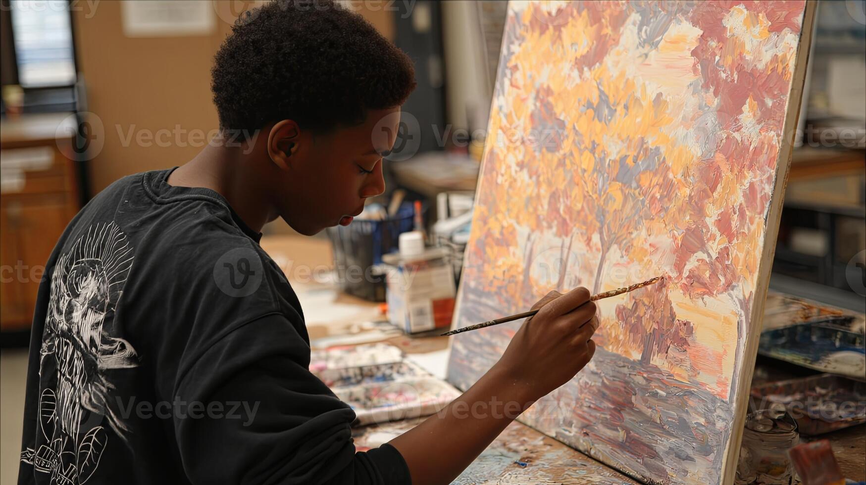 Young Artist Painting Juneteenth Canvas - Joyful Creativity photo