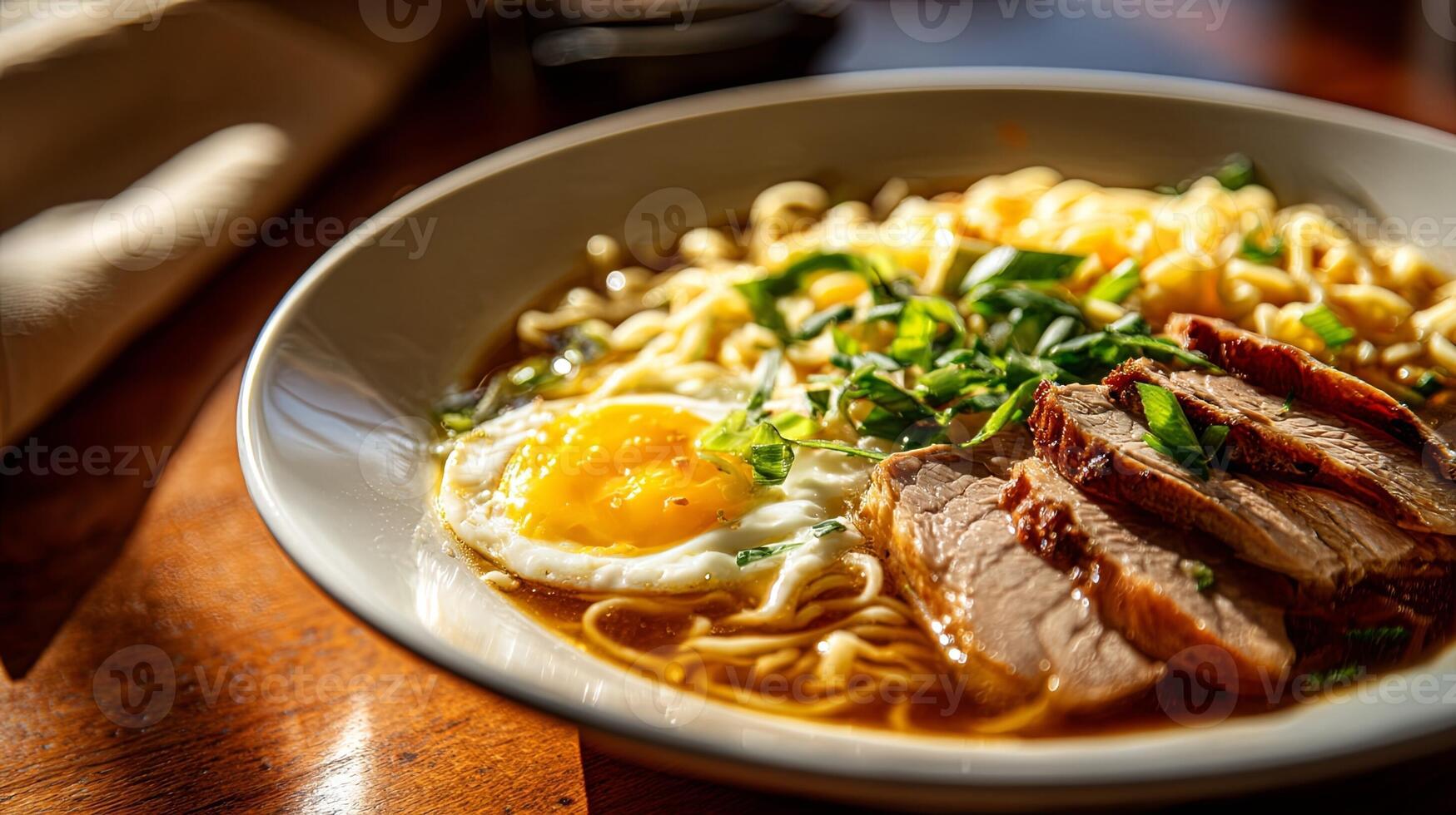 Delicious Ramen Noodles with Pork, Egg, and Green Onions photo