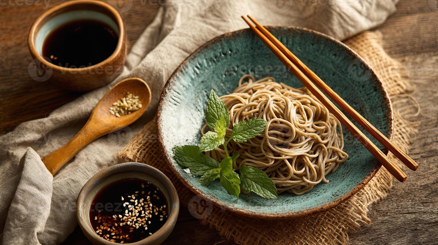 Soba noodles with soy sauce and sesame seeds photo