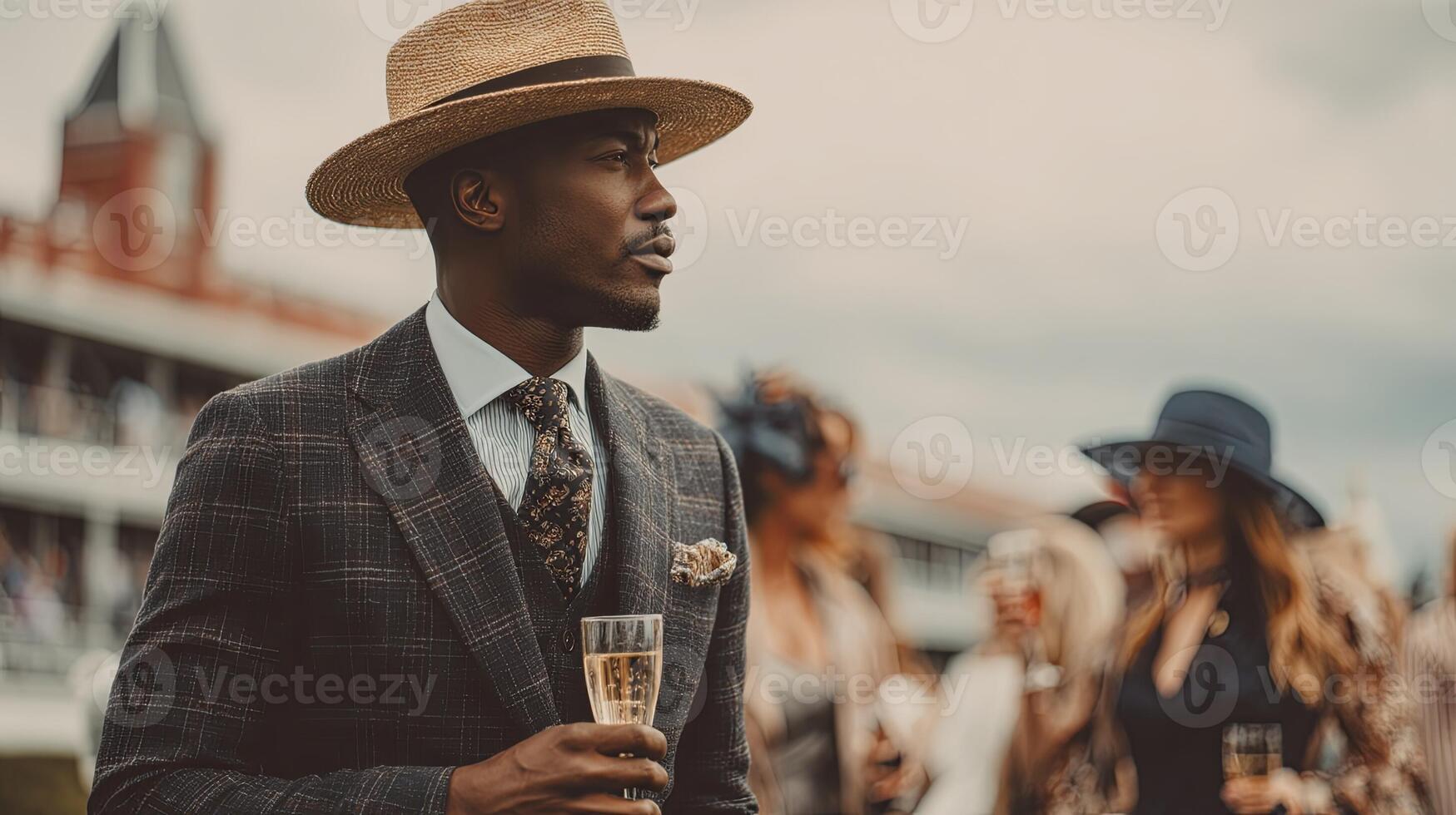 Stylish Man in Suit and Hat Holding Champagne Glass photo