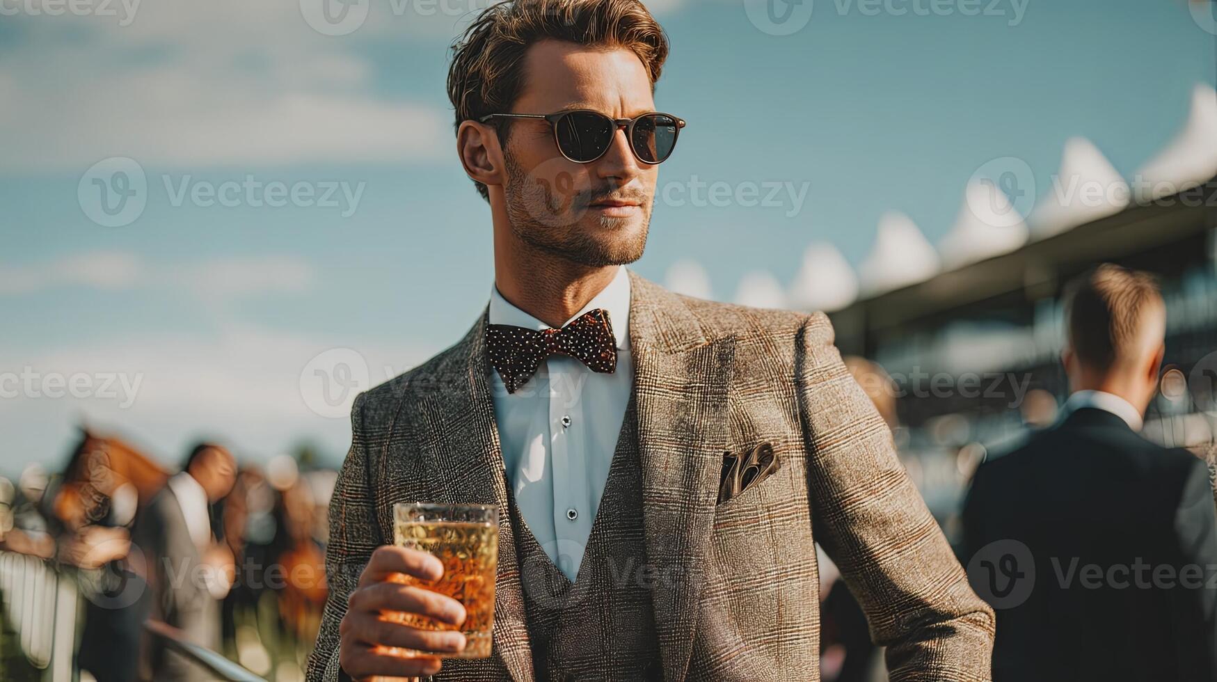 Elegant man in suit and bow tie holding wine glass photo
